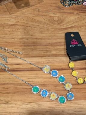 Paparazzi Silvertone Necklace with Blue, Green & Yellow Round Accents And Bracel